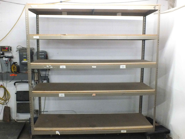 Boltless rivet warehouse shelving unit — alternate front angle showing all 5 shelf levels and steel upright posts