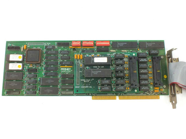 Arnet Smartport Smart Plus 4 Rev 2 ISA card — top component side showing ICs, red jumper blocks, ribbon cable header, and DB25 bracket connector
