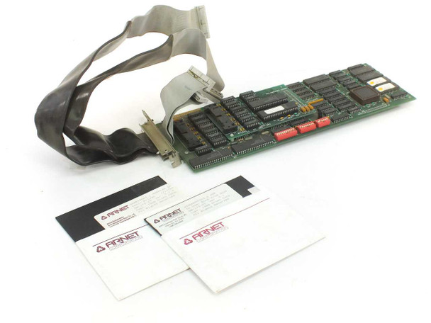 Arnet Smartport Smart Plus 4 ISA serial card with ribbon cable and three 5.25-inch floppy disks — full kit overview