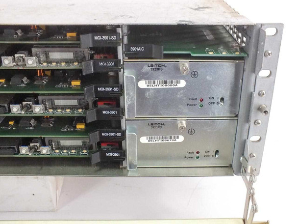 Leitch FR-3923 NEO Frame Synchronizer – close-up of installed MGI-3901-SD and MGI-3901 cards with dual 3923PS power supplies showing Fault and Power LEDs