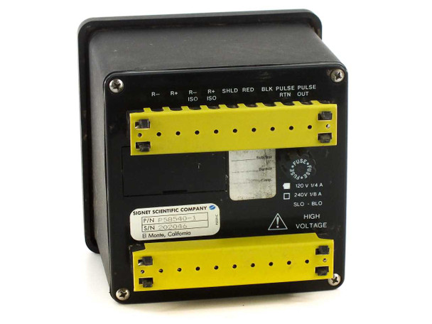Signet P58540-1 Flometer rear panel view showing yellow screw terminal blocks, power selector checkboxes for 120V/240V, and HIGH VOLTAGE warning label
