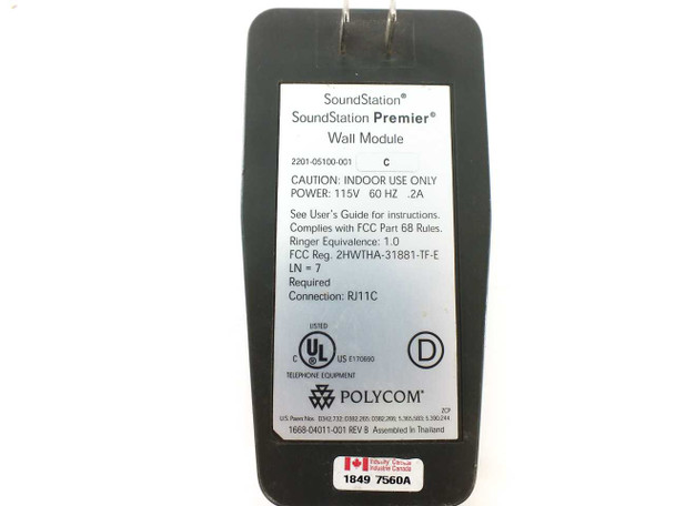Polycom SoundStation wall module label showing 115V 60Hz power rating, RJ11C connection, and FCC compliance
