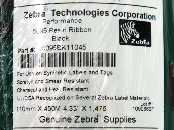 Zebra 5095 Resin Ribbon 05095BK11045 label close-up showing part number, dimensions 110mm x 450m / 4.33 x 1476 ft, scratch/smear/chemical/heat resistant, UL/CSA recognized, Lot 1090660F
