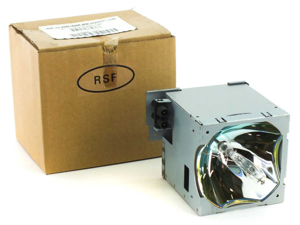 InFocus LAMP-021 replacement projector lamp with housing next to RSF cardboard box