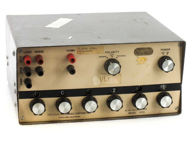 Precision Standards Corp 472A DC Voltage Calibrator – front panel view showing Load/Sense binding posts, 110mV label, Polarity switch, Power switch, and six decade adjustment knobs