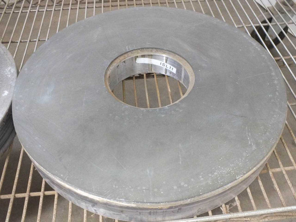 Side view of a thick cylindrical Lapmaster lapping plate showing inner bore — label partially visible