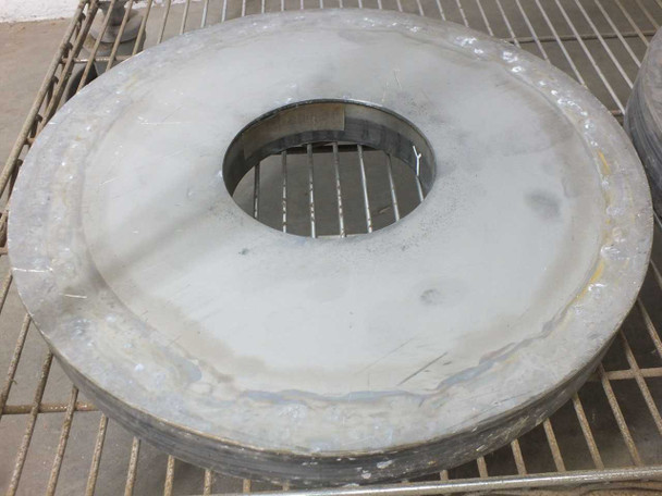 Top view of a large 16-inch Lapmaster lapping plate with white/light gray abrasive surface and center bore — good condition
