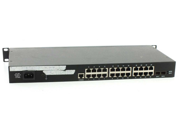 Pakedge SW24-GBM — rear panel view showing 24 RJ-45 ports, 2 SFP ports, console port, and AC power inlet