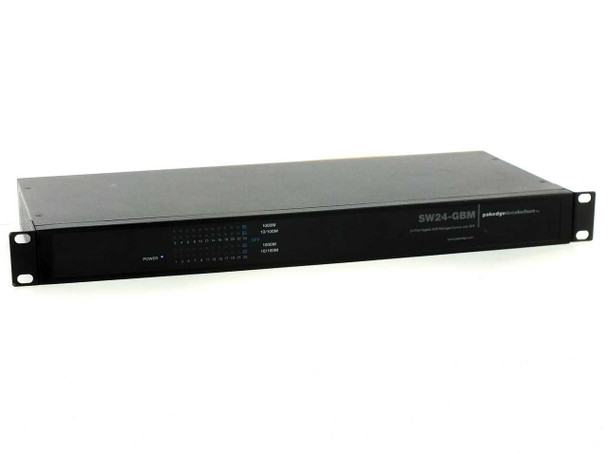 Pakedge SW24-GBM 24-Port Gigabit Managed Switch — front panel view showing blue LED indicators and 1U rackmount form factor