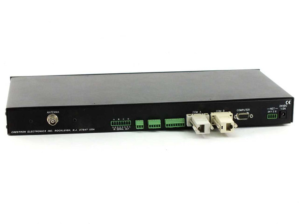 Crestron MC2W rear panel showing antenna port, IR/serial terminal blocks, COM 1 and COM 2 ports, DB-9 computer port, relay ports, and DC power input