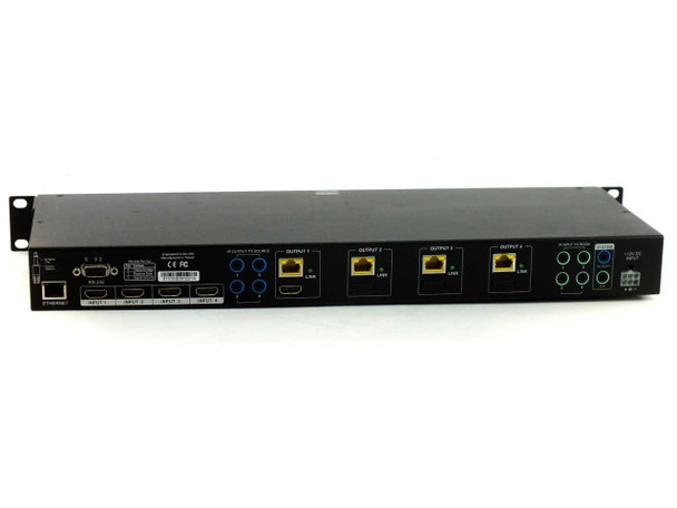 Binary B-520-MTRX-230-4X4 rear panel showing 4 HDMI inputs, 4 RJ-45 HDBaseT outputs, RS-232, IR, and Ethernet control ports
