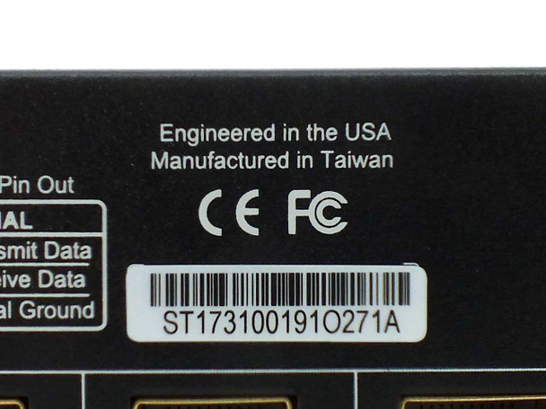Binary B-520-MTRX-230-4X4 label closeup showing CE and FCC marks, 'Engineered in the USA / Manufactured in Taiwan', and serial number barcode