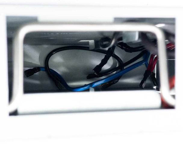 Panamax MB1500 UPS battery compartment interior close-up showing internal wiring harness with blue and black cables