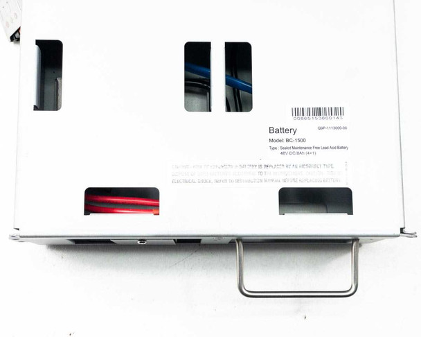 Panamax BC-1500 battery module label showing: Model BC-1500, Type Sealed Maintenance Free Lead Acid Battery, 48V DC/8Ah (4x1), part number Q9P-1113000-00