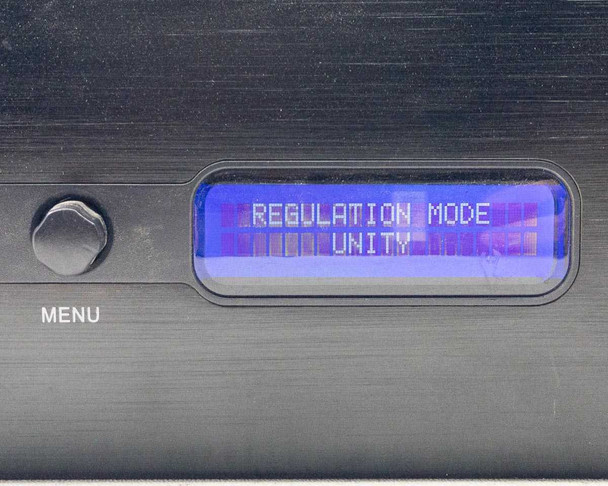 Panamax MB1500 LCD display showing REGULATION MODE UNITY on blue backlit screen with Menu knob