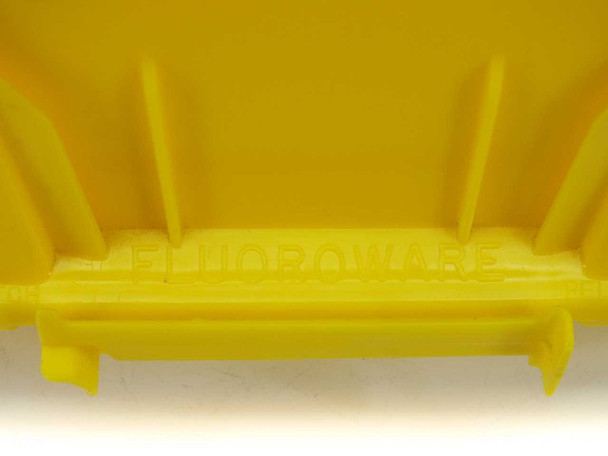 Fluoroware E124-60 close-up of embossed Fluoroware brand name molded into the yellow plastic base