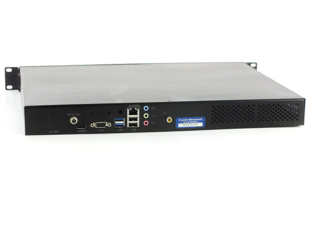 Fusion Research rackmount media server – rear panel view showing HDMI, VGA, USB, Ethernet, and audio ports