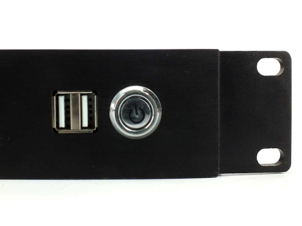 Fusion Research rackmount server – close-up of front panel right side showing dual USB 2.0 ports and keyed power button