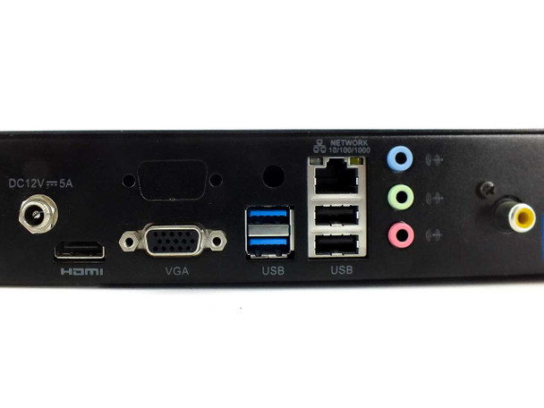 Fusion Research media server – close-up of rear I/O panel showing DC 12V 5A power input, HDMI, VGA, USB 3.0, USB 2.0, Gigabit LAN, audio jacks, and composite video