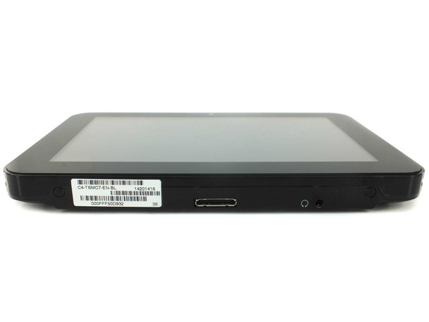 Control4 C4-TSMC7-EN-BL touch screen – bottom edge view showing micro-USB charging port, headphone jack, and product label with model number and serial barcode