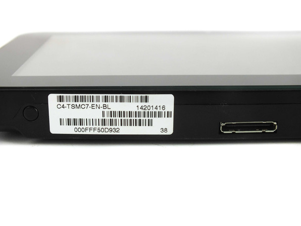 Control4 C4-TSMC7-EN-BL touch screen – left side edge view showing product label with model C4-TSMC7-EN-BL, serial number barcode, and micro-USB port