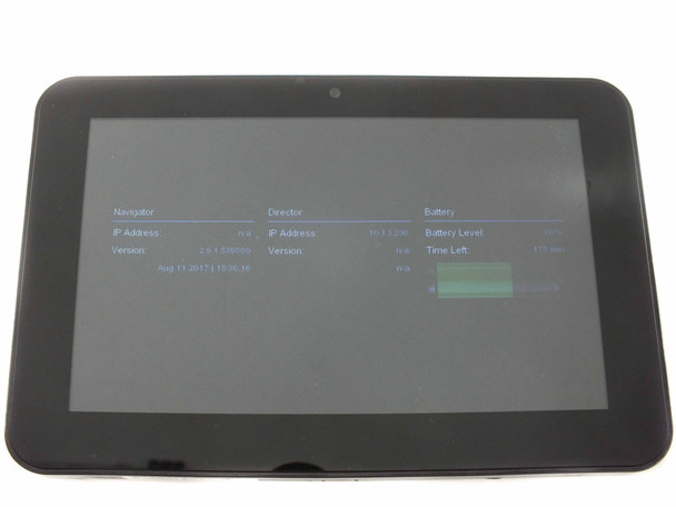 Control4 C4-TSMC7-EN-BL 7-inch portable touch screen – front view showing powered-on status screen with Navigator, Director, and Battery info