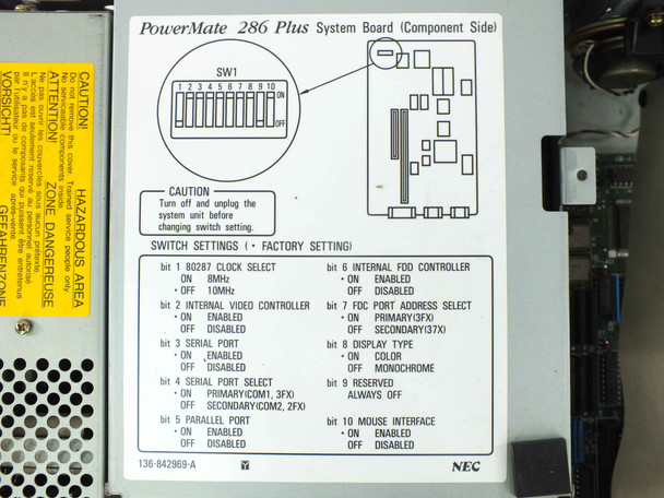 NEC PowerMate 286 Plus system board lid label — switch settings factory configuration chart, part number 136-842969-A