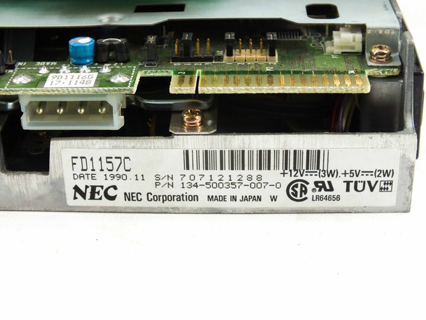 NEC FD1157C 5.25-inch floppy drive label — P/N 134-500357-007-0, Date 1990.11, S/N 707121288, Made in Japan, NEC Corporation