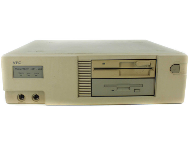 NEC PowerMate 286 Plus PM-20-100B — front panel straight-on view showing both floppy drive bays and NEC PowerMate 286 Plus badge
