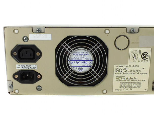 NEC PowerMate 286 Plus PM-20-100B rear label showing model PM-20-100B, 115V 3.5A / 220-240V 2.0A, 50/60Hz, NEC Technologies Inc.