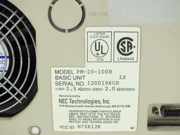 NEC PowerMate 286 Plus PM-20-100B rating label close-up — MODEL PM-20-100B, SERIAL NO. 1200196UB, 115V-3.5A / 220-240V-2.0A, NEC Technologies Inc., FCC ID B7ZA12K