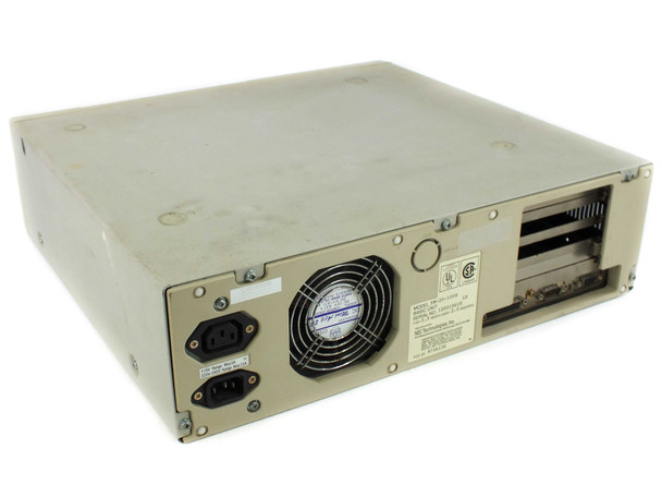 NEC PowerMate 286 Plus PM-20-100B — rear panel showing IEC power inlets, exhaust fan, expansion slot covers, and port connectors