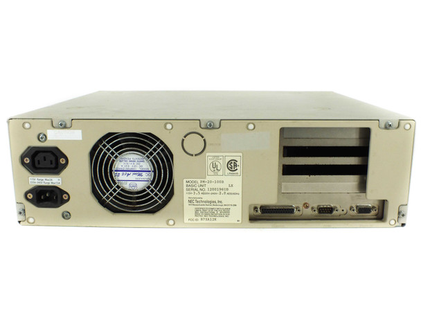 NEC PowerMate 286 Plus PM-20-100B — rear panel view showing model label, IEC power connectors, fan, DB25 and DB9 ports