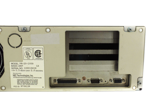 NEC PowerMate 286 Plus PM-20-100B rear panel detail showing model label, serial number, UL/CSA certifications, and DB-style connectors