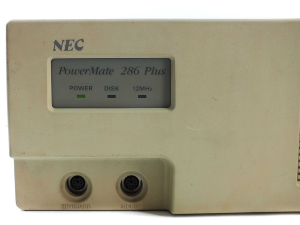 NEC PowerMate 286 Plus front panel close-up showing POWER, DISK, and 12MHz indicator LEDs and KEYBOARD and MOUSE DIN ports
