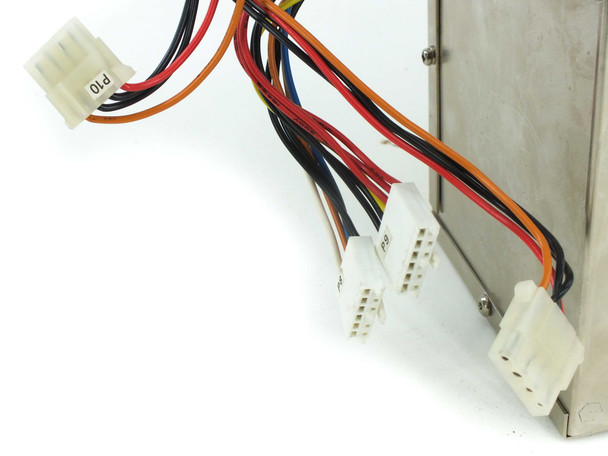 IBM 6447192 AT power supply — close-up of output connector bundle showing labeled P8, P9, P10 AT motherboard power connectors and Molex peripheral drive connectors with multi-colored wiring