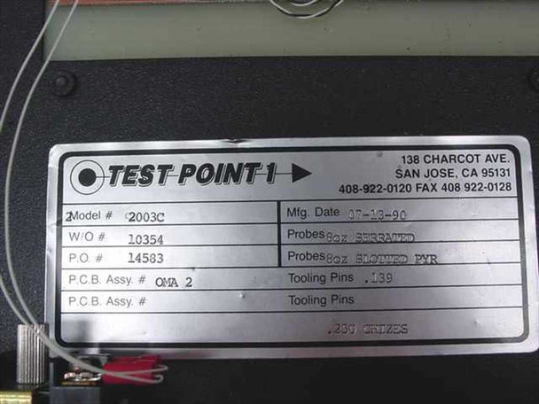 Test Point 1 2003C Accuprobe nameplate showing model, manufacture date 07-12-90, probe specs, PCB assembly OMA 2, and San Jose CA address