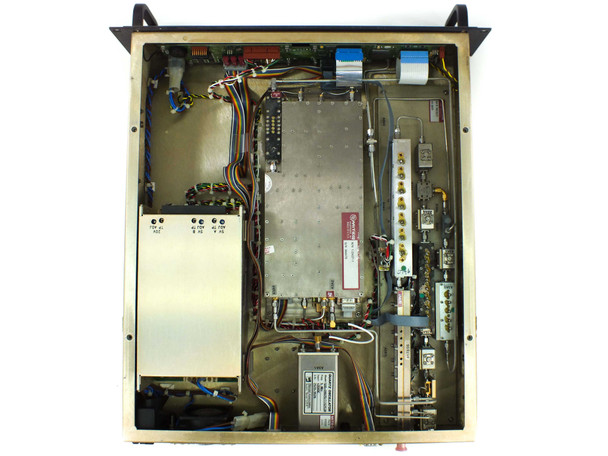 Miteq U-9473-125K C-Band Upconverter – internal top-down view showing RF chassis, power supply module, wiring harness, and RF component assembly