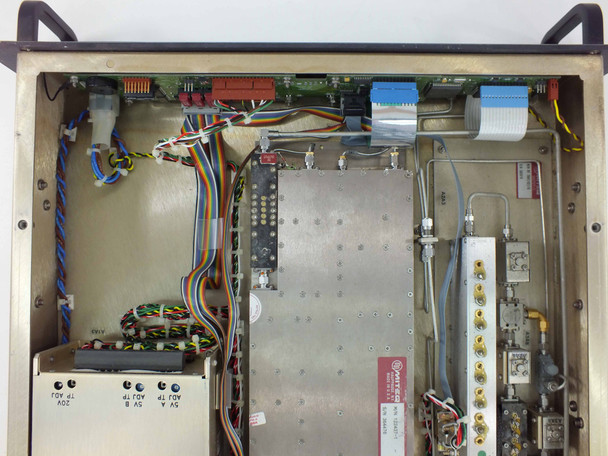 Miteq U-9473-125K C-Band Upconverter – internal view showing RF module assembly, control boards, internal wiring, and power sub-assembly
