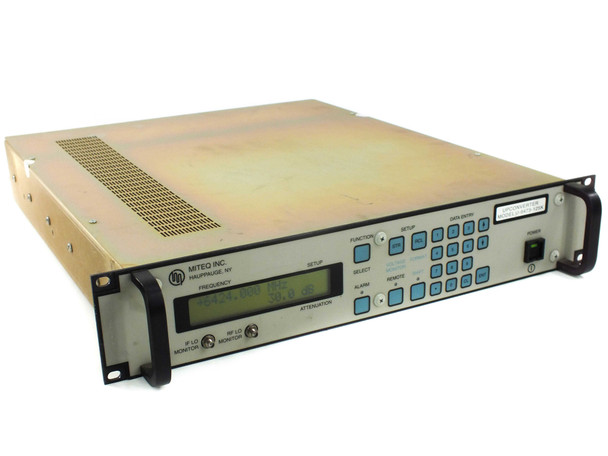 Miteq U-9473-125K C-Band Upconverter – front panel view showing LCD display, keypad, and rack ears