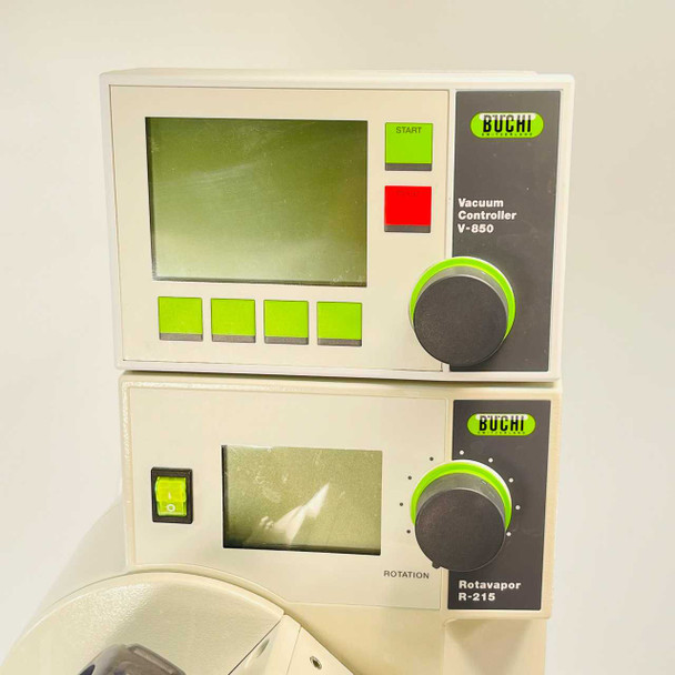 Buchi V-850 Vacuum Controller stacked above R-215 Rotavapor control module — front panel detail view