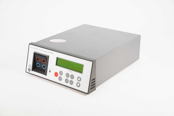 GE Healthcare EPS 601 Electrophoresis Power Supply — angled left-side view showing front panel and GE logo