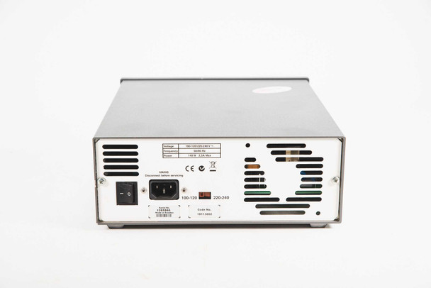 GE Healthcare EPS 601 rear panel view showing IEC AC inlet, power switch, 100-120/220-240V selector, ventilation fan, and rating label