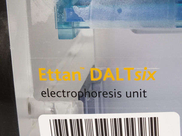 Ettan DALTsix label closeup showing model name and 'electrophoresis unit' designation