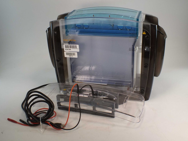 Amersham Ettan DALTsix electrophoresis unit open view showing blue gel rack and gel caster tray removed in foreground