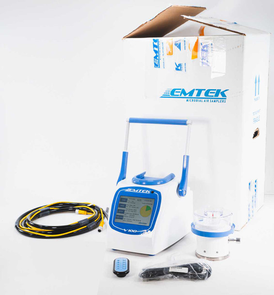EMTEK V100 Microbial Air Sampler full system view with RS2 sampling head, yellow-black sampling cable, remote control, and original shipping box