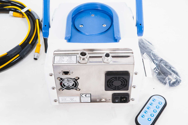EMTEK V100 rear panel showing stainless steel base with cooling fans, CE marking, IEC AC inlet, USB Type-B port, and RJ45 connector