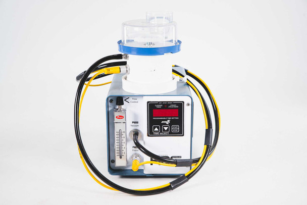 EM Technologies R2S-C.002 microbial air sampler — front view showing Dwyer rotameter flow meter, R2S vacuum and power indicators, and digital programmable timer controller