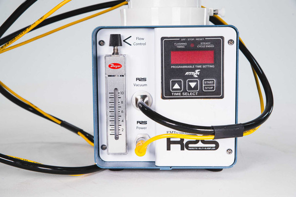EM Technologies R2S-C.002 — close-up of front panel showing Dwyer flow control rotameter, R2S vacuum and power labels, and ATRIX programmable time setting digital controller with Start/Stop buttons
