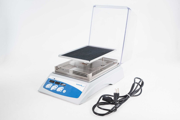 VWR Scientific 12620-910 Digital Incubating Rocker — three-quarter view with acrylic cover open/tilted back, showing stainless steel rocker tray platform and power cord